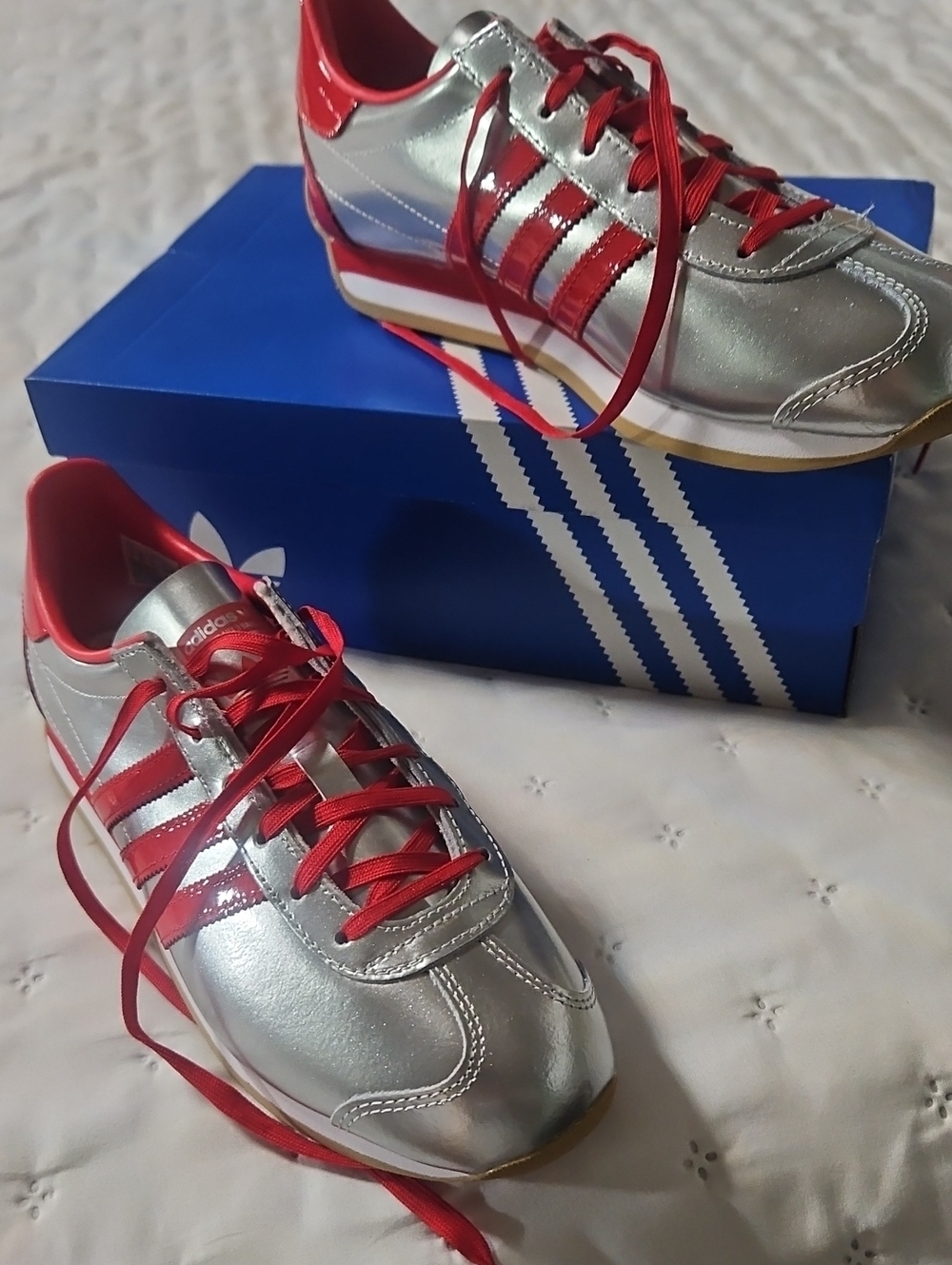 adidas Silver and Red Retro Runner Sneakers